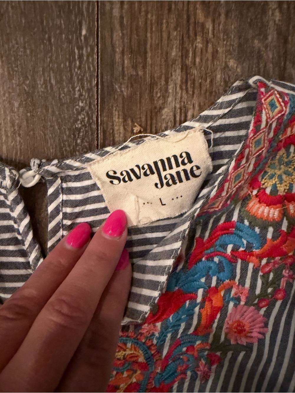 Savanna Jane Blue and White Striped Tank with Multicolor Embroidered Neckline - Picture 3 of 3